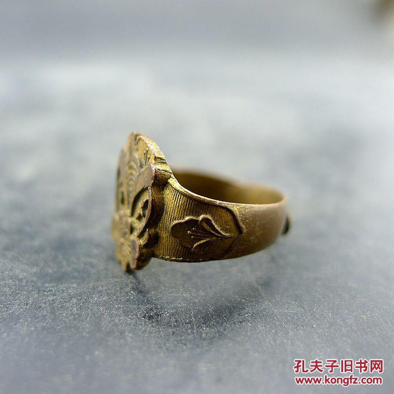 花卉纹鎏金老铜戒指 清代饰品收藏保真包老古董古玩收藏