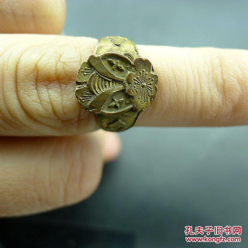 花卉纹鎏金老铜戒指 清代饰品收藏保真包老古董古玩收藏