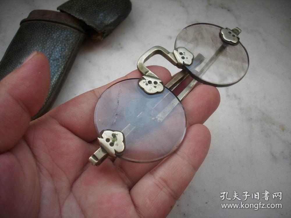 清代-豫诚款白铜镜架,茶色水晶石头【古董眼镜】镜片内有棉絮纹!