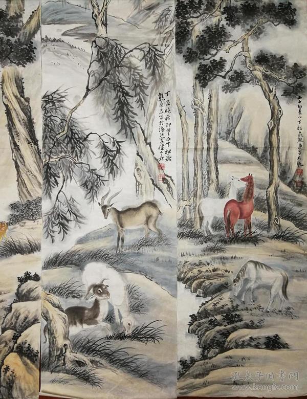 近代上海著名画家熊松泉山水动物,6尺对开条幅——四条屏.