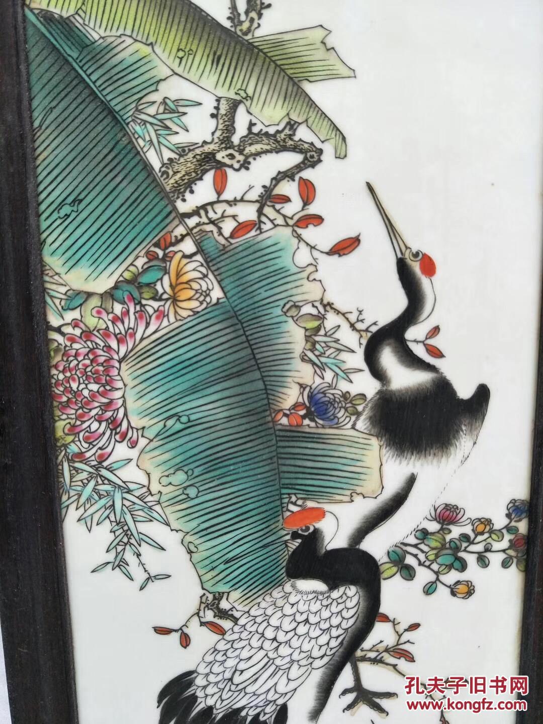 《刘雨岑》作品红木镶瓷板画四季花鸟 高80 宽27 厘米