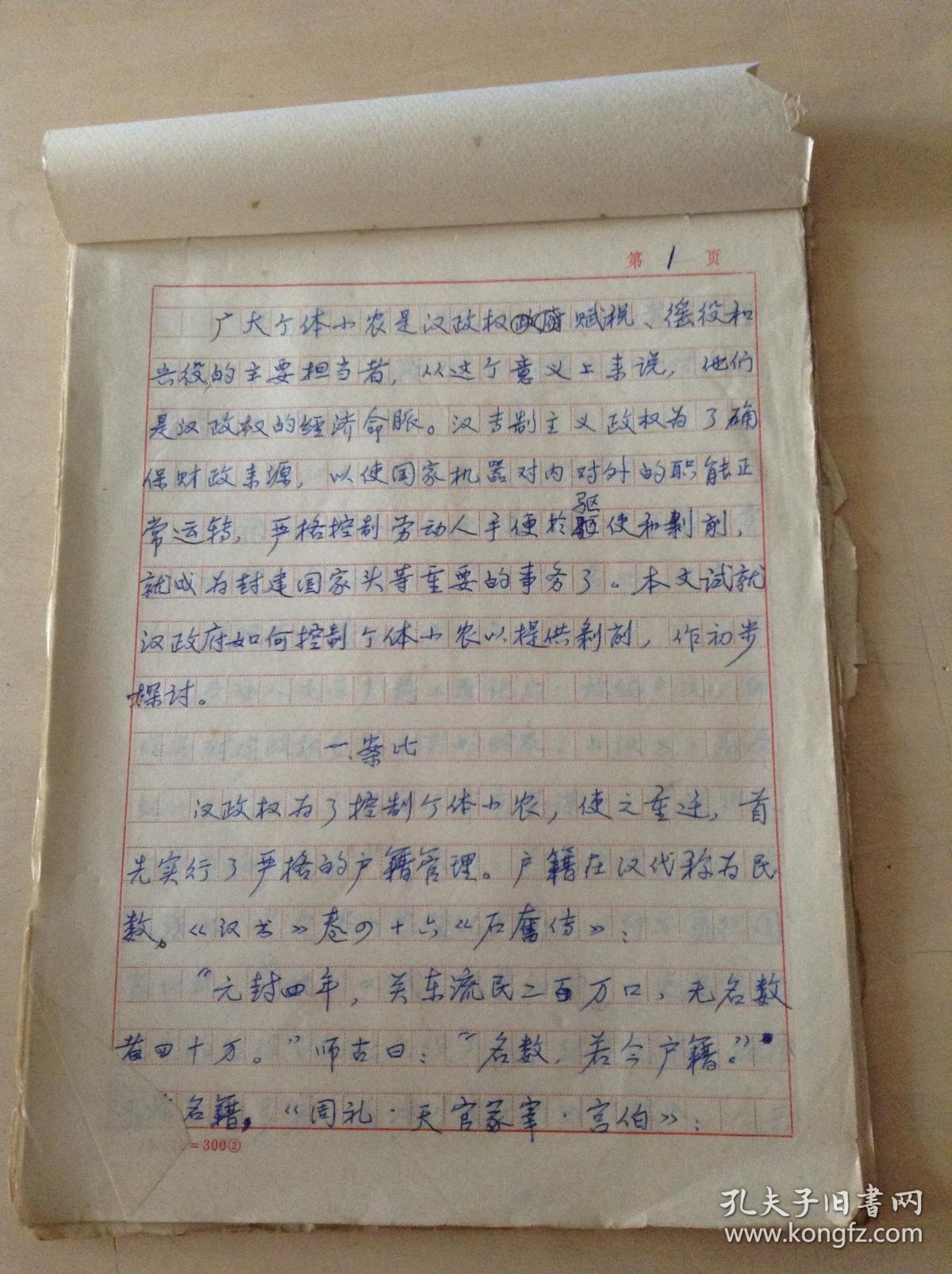 论文 汉代的案比和上计 手写稿31页