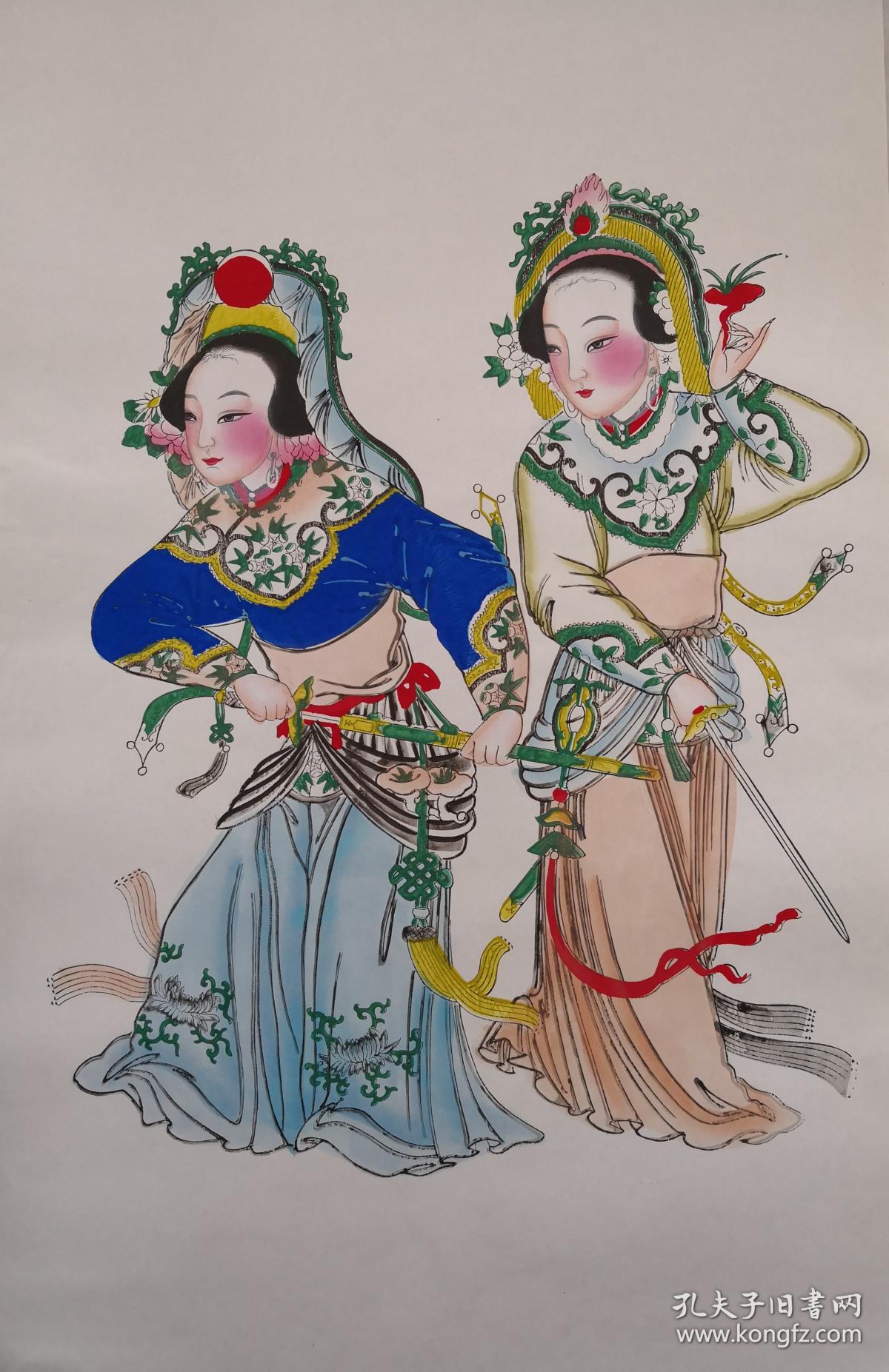 清代版七八十年代印杨柳青木刻木版年画版画*半印半绘侍女图之白蛇