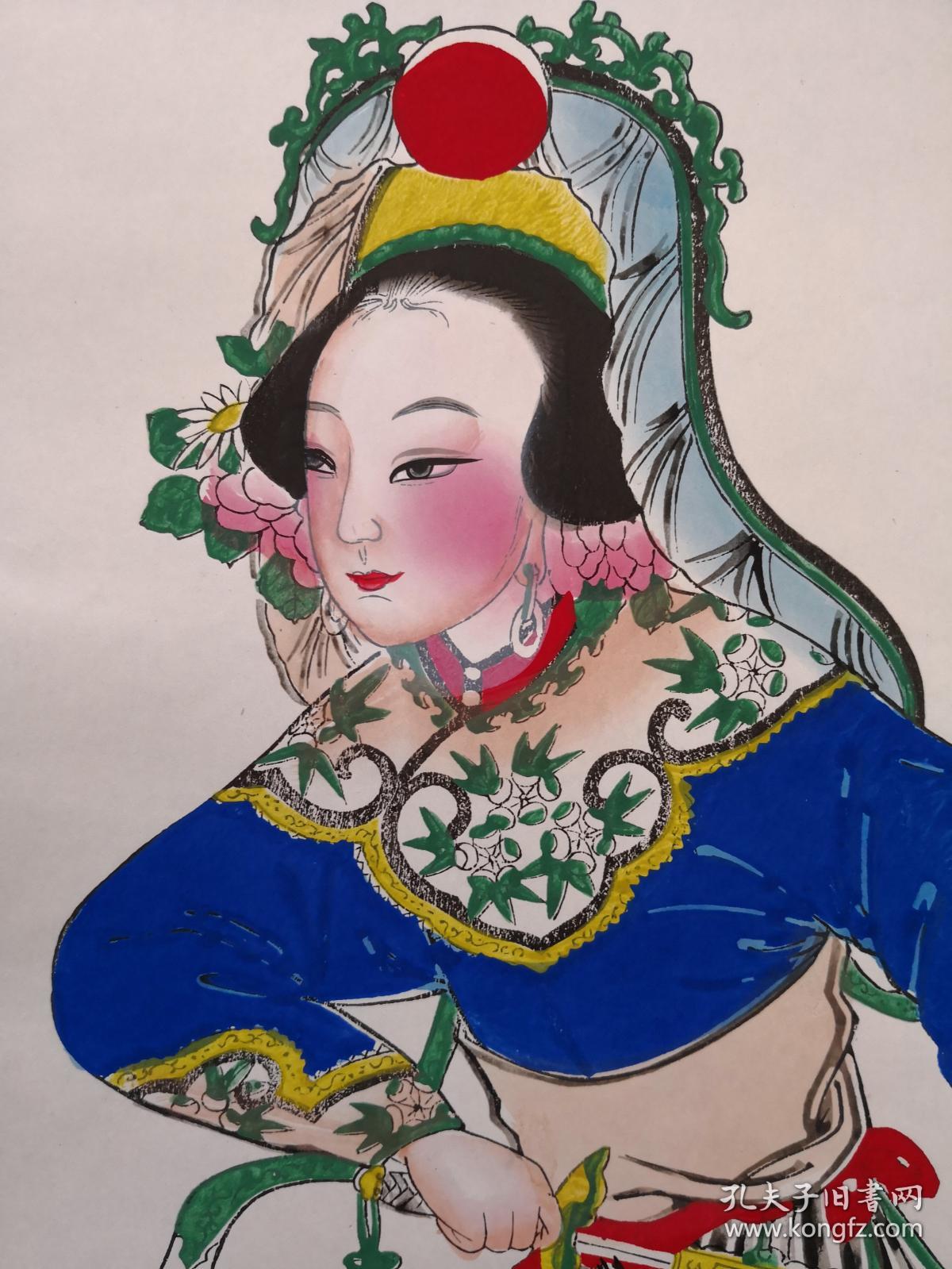 清代版七八十年代印杨柳青木刻木版年画版画*半印半绘侍女图之白蛇