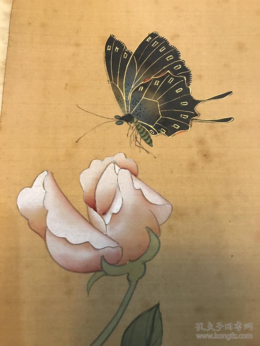 娄子和绢本工笔《花卉蝴蝶》立轴 画工好