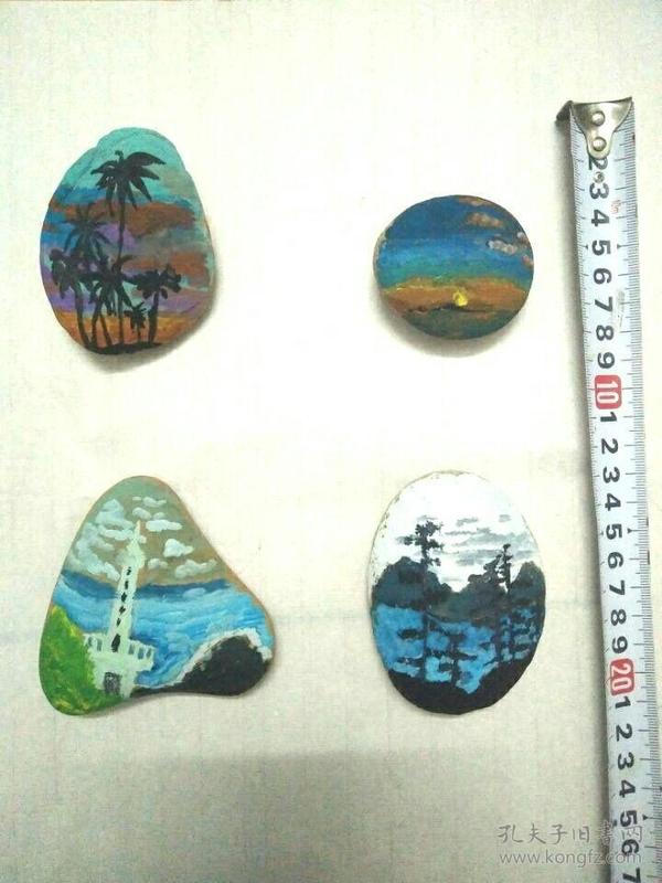 纯手绘 石头画 天然石头 纯手工绘画 海边山水风景一套四个 摆家收藏