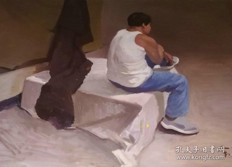 名画家布面油画《坐着的男背影》