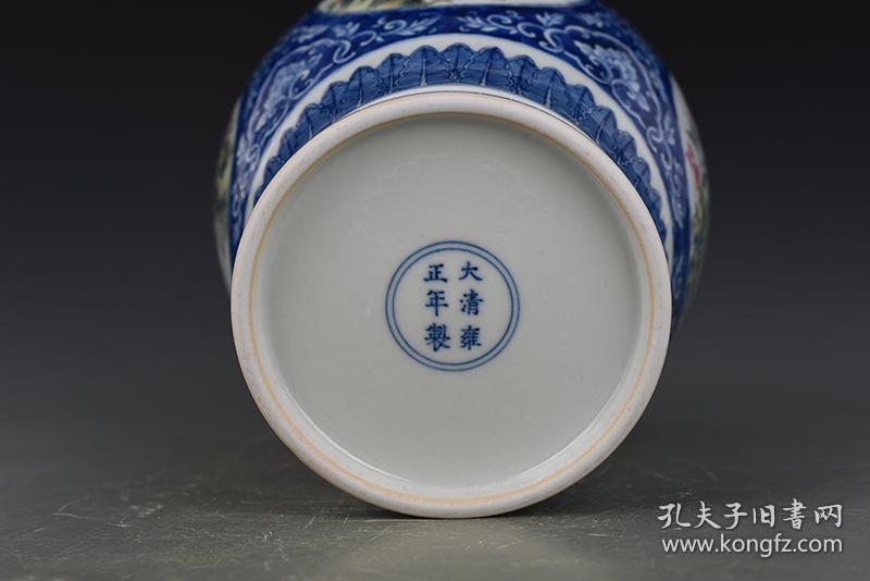 清雍正青花开光粉彩花卉纹罐 古玩古董古瓷器1