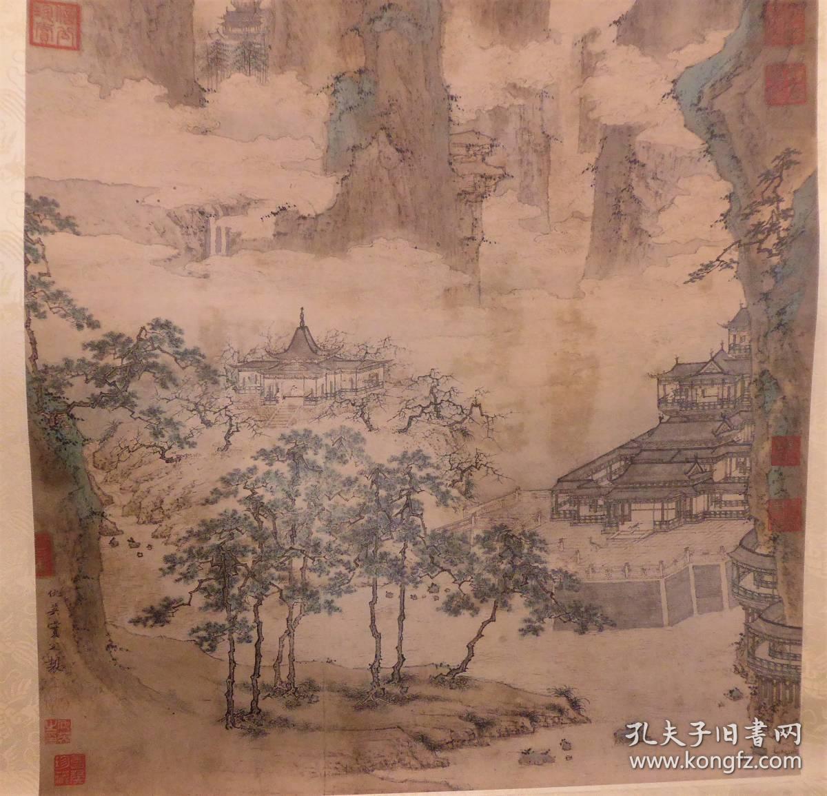 二玄社明仇英仙山楼阁图原色复制1980年挂轴复制品如同真迹