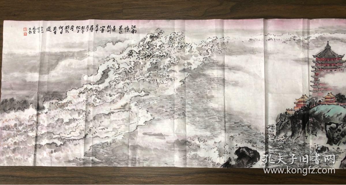宁波画家 李才信 山水画 钱塘江六和塔 152/42cm保真