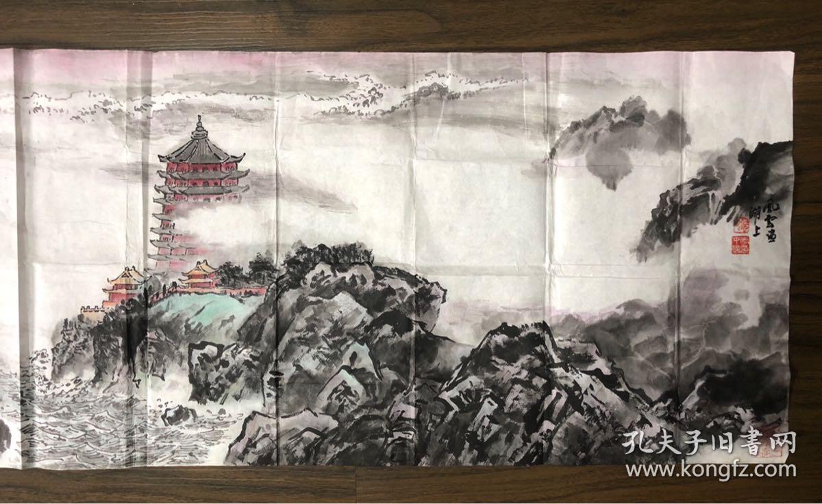 宁波画家 李才信 山水画 钱塘江六和塔 152/42cm保真