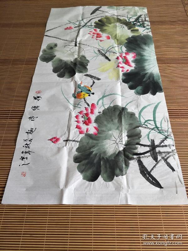 手绘国画荷花四尺横幅宣纸未裱