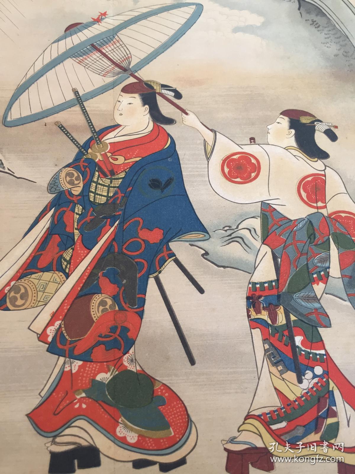 【日本名画印刷品27】民国印刷浮世绘《美女武士图》折叠大幅53.7*38.