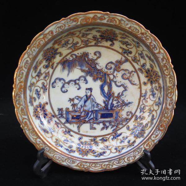 精品明代青花描金缠枝莲瓷盘～古风文玩杂项～瓷器古玩捡漏 老货旧货