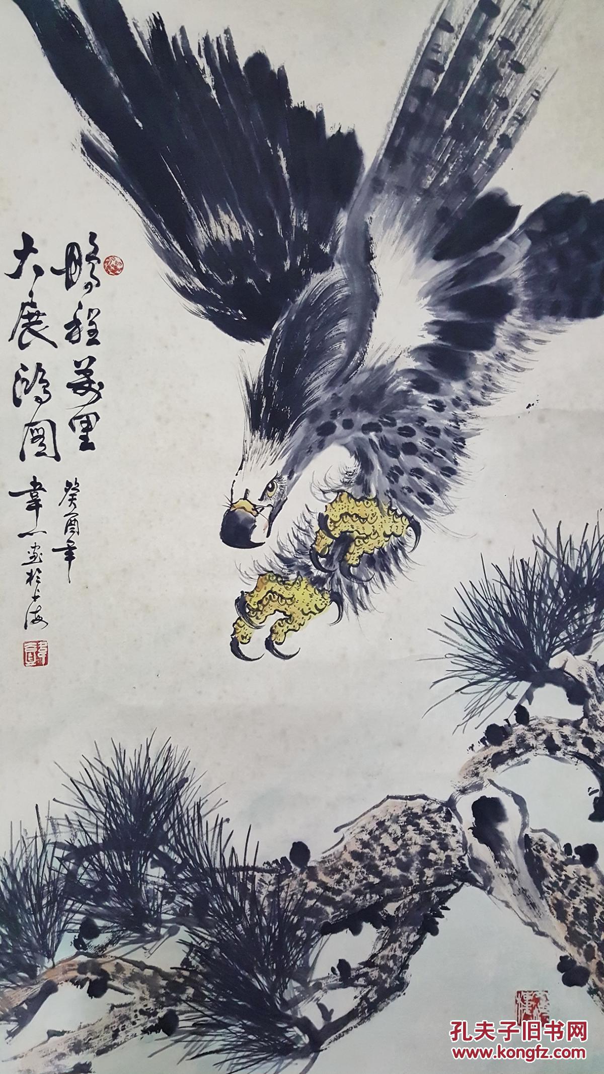 019;早期上海老画家韦一笔老纸本原裱【松鹰图】木轴头