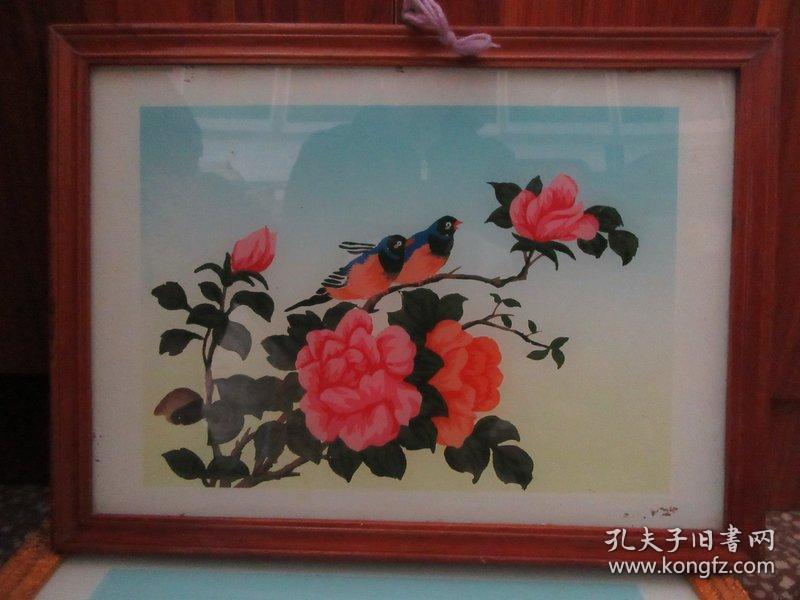 七,八十年代蝴蝶牡丹玻璃画,,品如图,似是手工绘制,经典怀旧78