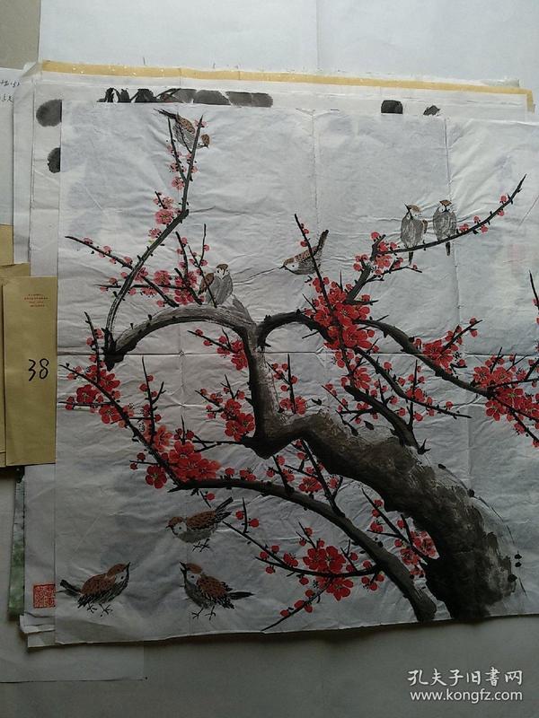 麻雀梅花(无落款,宣纸手绘,四尺斗方)