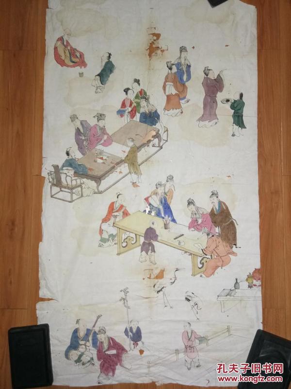 清代大中堂〈古代人物行乐图〉彩色人物23个.小破损