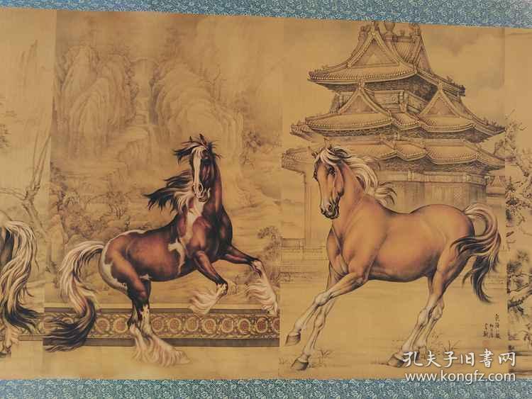 清代传世一幅名人《八骏图》长卷绢丝老画