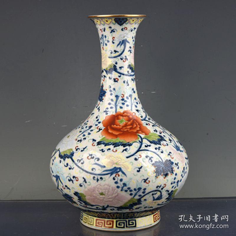 大清乾隆年制斗彩爬花缠枝牡丹花卉纹玉壶春瓶 古玩古董古瓷器