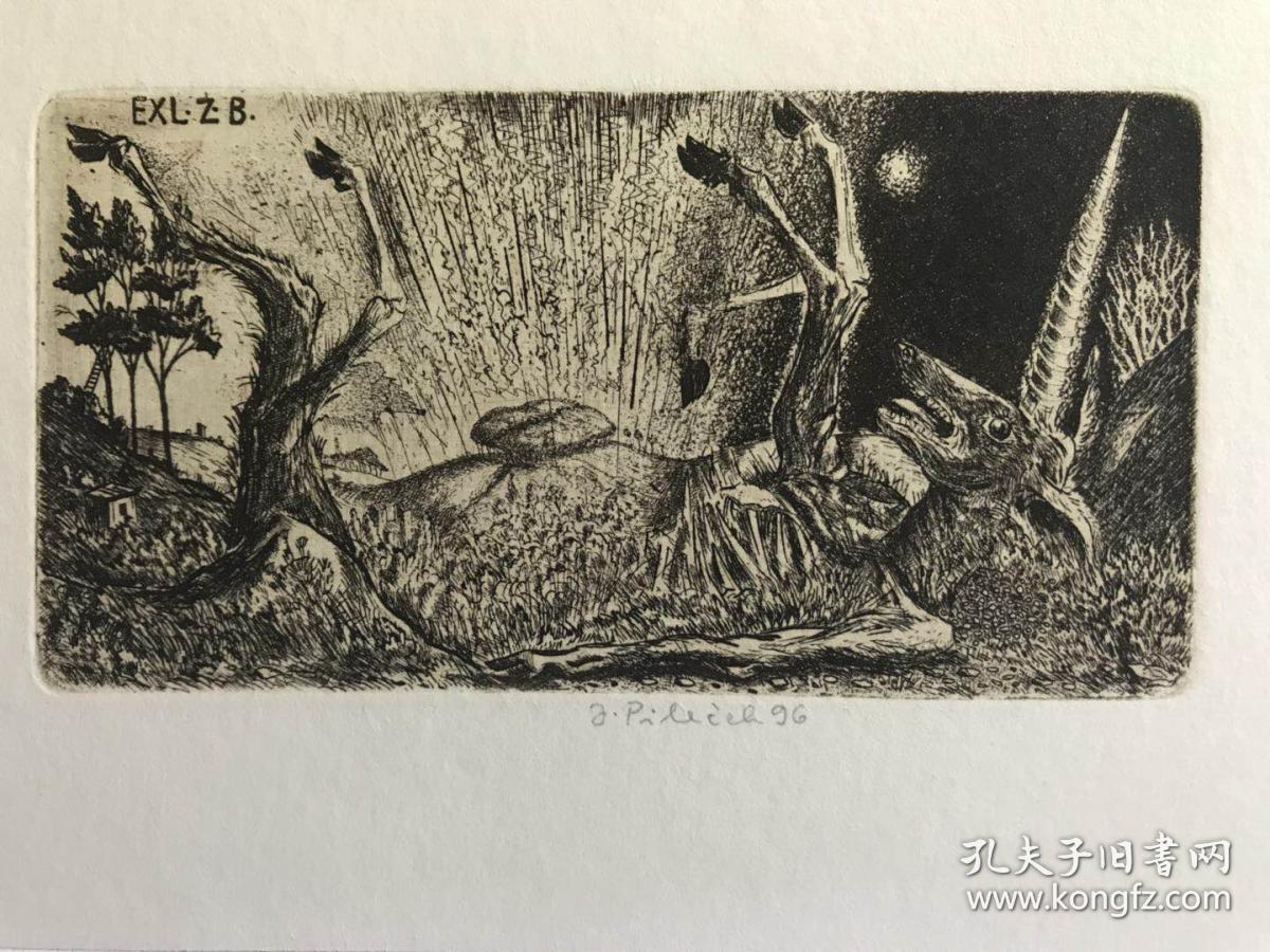 《独角兽》 酸刻铜版画捷克铜版家 j.pilecek 签名