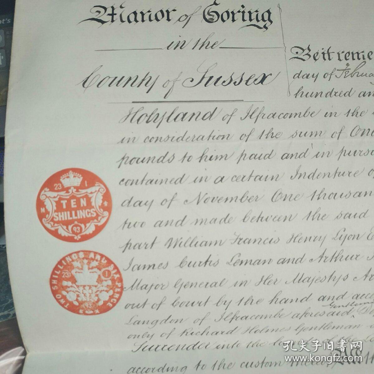 1893年英国手写契约一封,带税戳