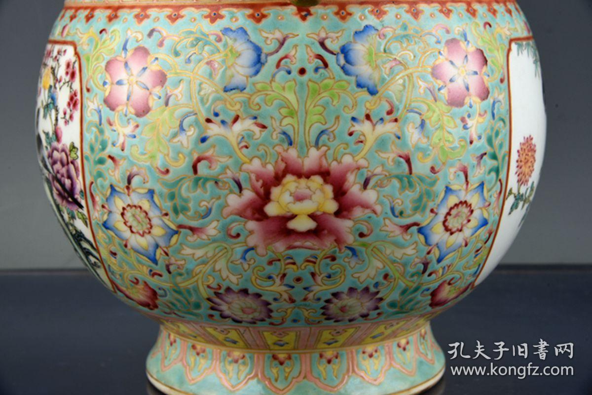 大清雍正年制绿地珐琅彩鎏金开光花鸟纹双耳罐 古玩古董古瓷器