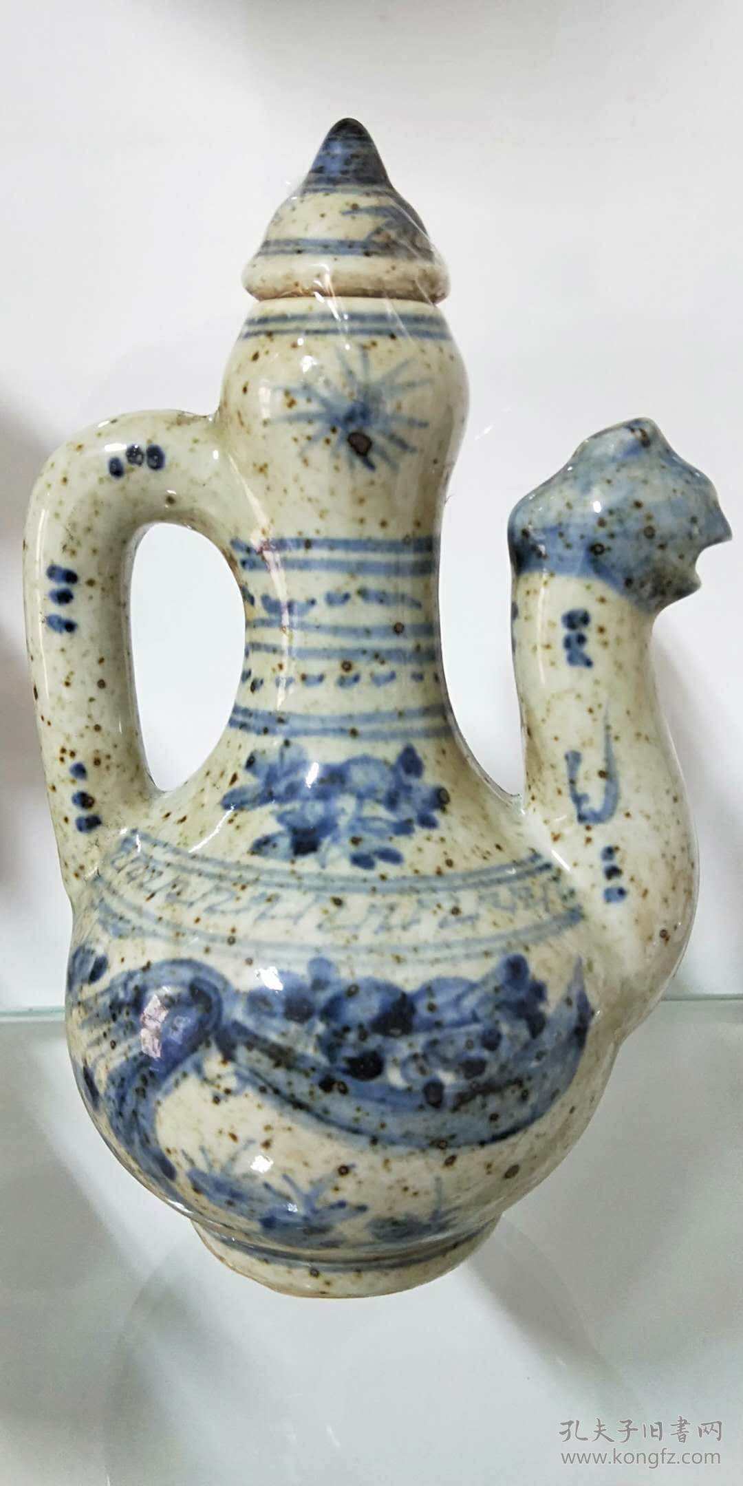 景德镇瓷,元青花鸡头壶,古董古玩,仿古瓷器收藏,全手工摆件.3-1区