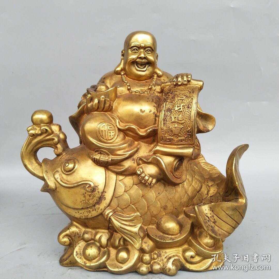 鎏金佛像《坐鱼弥勒》招财进宝摆件尺寸如图,重约6770克!