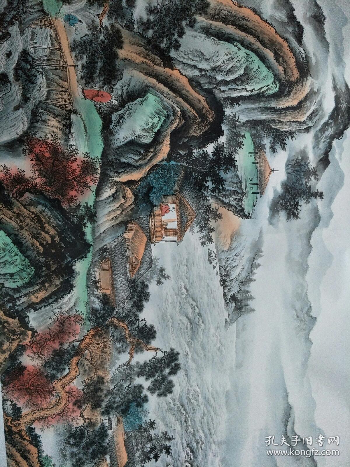 国画丈二工笔系列山水画溪山观潮客厅装饰画钱塘江潮水挂画3.5*1米