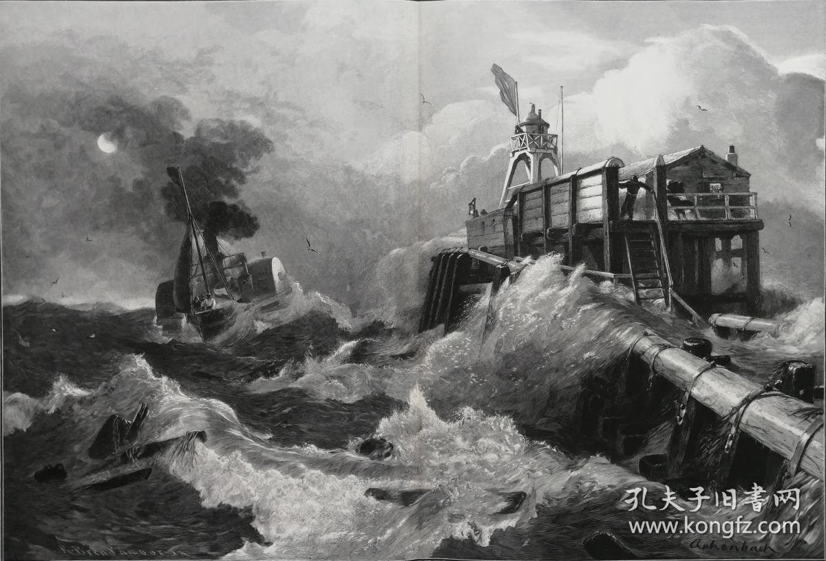 1901年巨幅木口木刻版画《大风浪中的轮船》57×41厘米