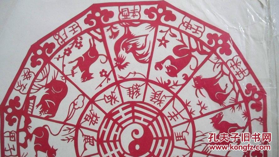 图案为"民俗风情图案-十二生肖八卦图图案"窗花剪纸,有轻微的折痕