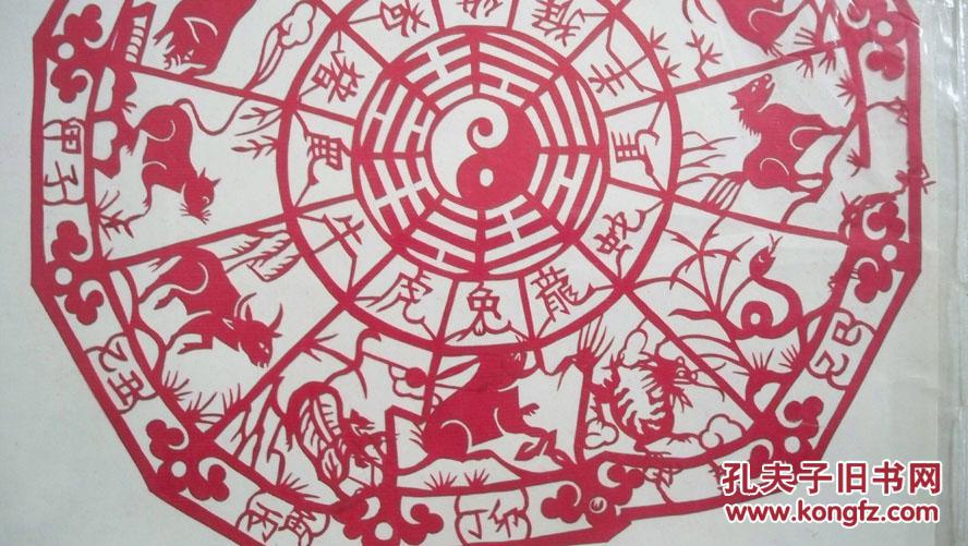 图案为"民俗风情图案-十二生肖八卦图图案"窗花剪纸,有轻微的折痕