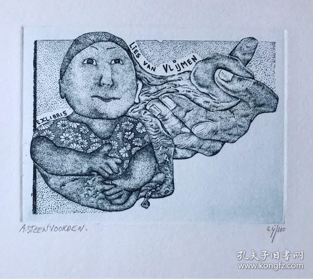 票幅14.7*13.1cm. 画幅11.3*8.7cm Ab Steenvoorden (1934-2010)荷兰版画家、藏书票家和雕塑家。 票主Lies van Vlijmen(1933)荷兰女版画家、陶艺家,作品富有幽默动感的快乐气息,以儿童生活题材为主创作过不少藏书票。