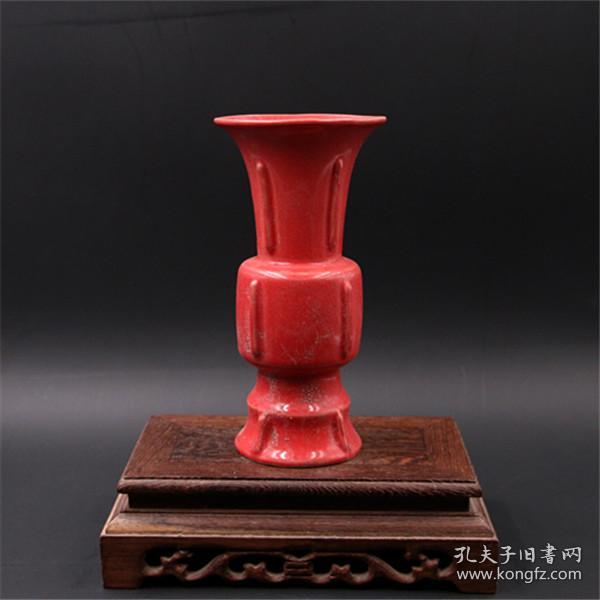 后周柴窑开片红釉花觚瓶仿古瓷器古玩古董旧货收藏家居办公装饰品