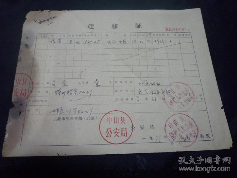 1961年中山县公安局迁移证(中山县—新会县)