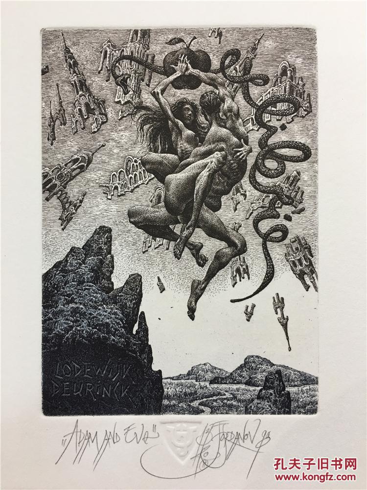 保加利亚乔丹诺夫julianjordanov版画藏书票原作《亚当与夏娃3》