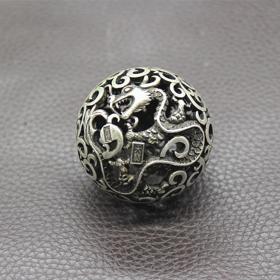 古玩杂项收藏白铜鎏银镂空龙凤手球