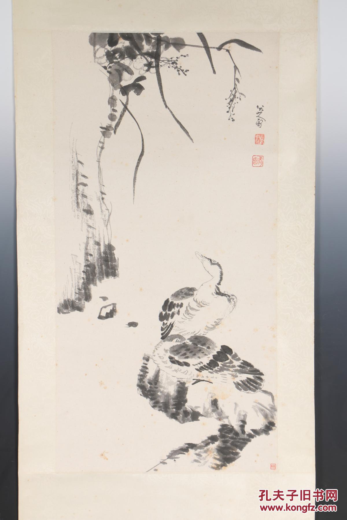 0084 约八十年代 《八大山人 绘 芦雁图》木刻水印 稀少见