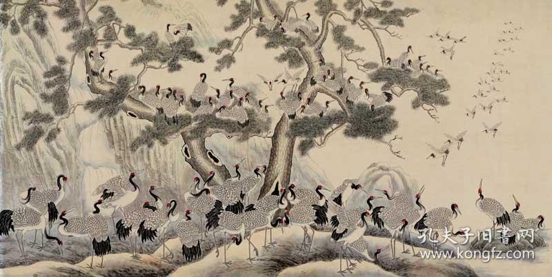 宣纸国画印品百鹤图绢布51x102厘米