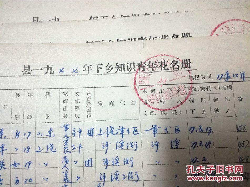 知青史料,江西省上饶下乡知识青年花名册9页,48 元