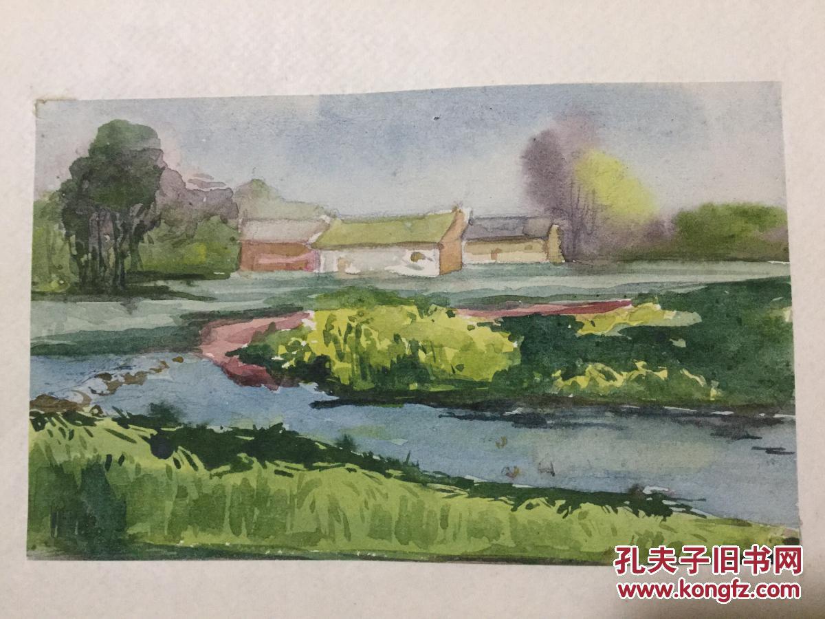 老水彩画《村边河流》