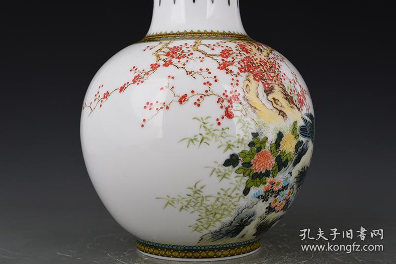 文革釉中彩花鸟瓶 红色官窑釉下五彩红梅和平鸽 古玩古董古瓷器