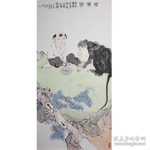 【福猿图】山东菏泽美协韩怀宽四尺竖幅花鸟画作品,托