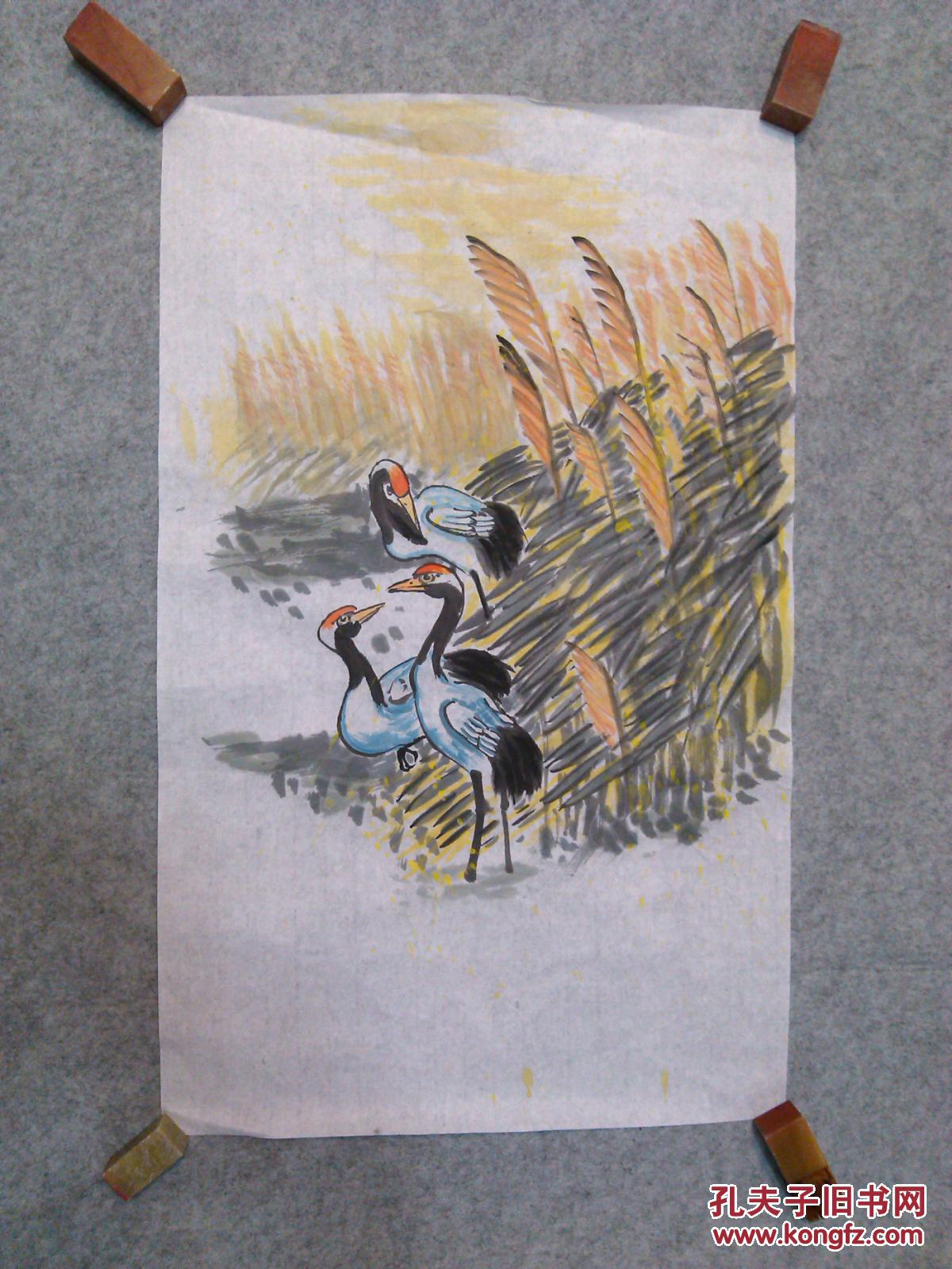 无款国画画心 仙鹤芦苇 原稿手绘真迹
