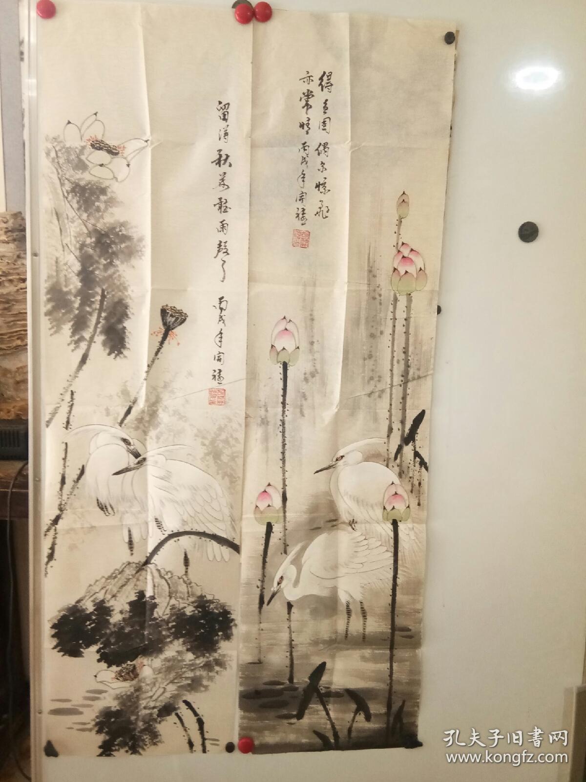 山东画院画家 山东著名花鸟画家 胡开禧 荷花白鹭四条屏 136x34x4