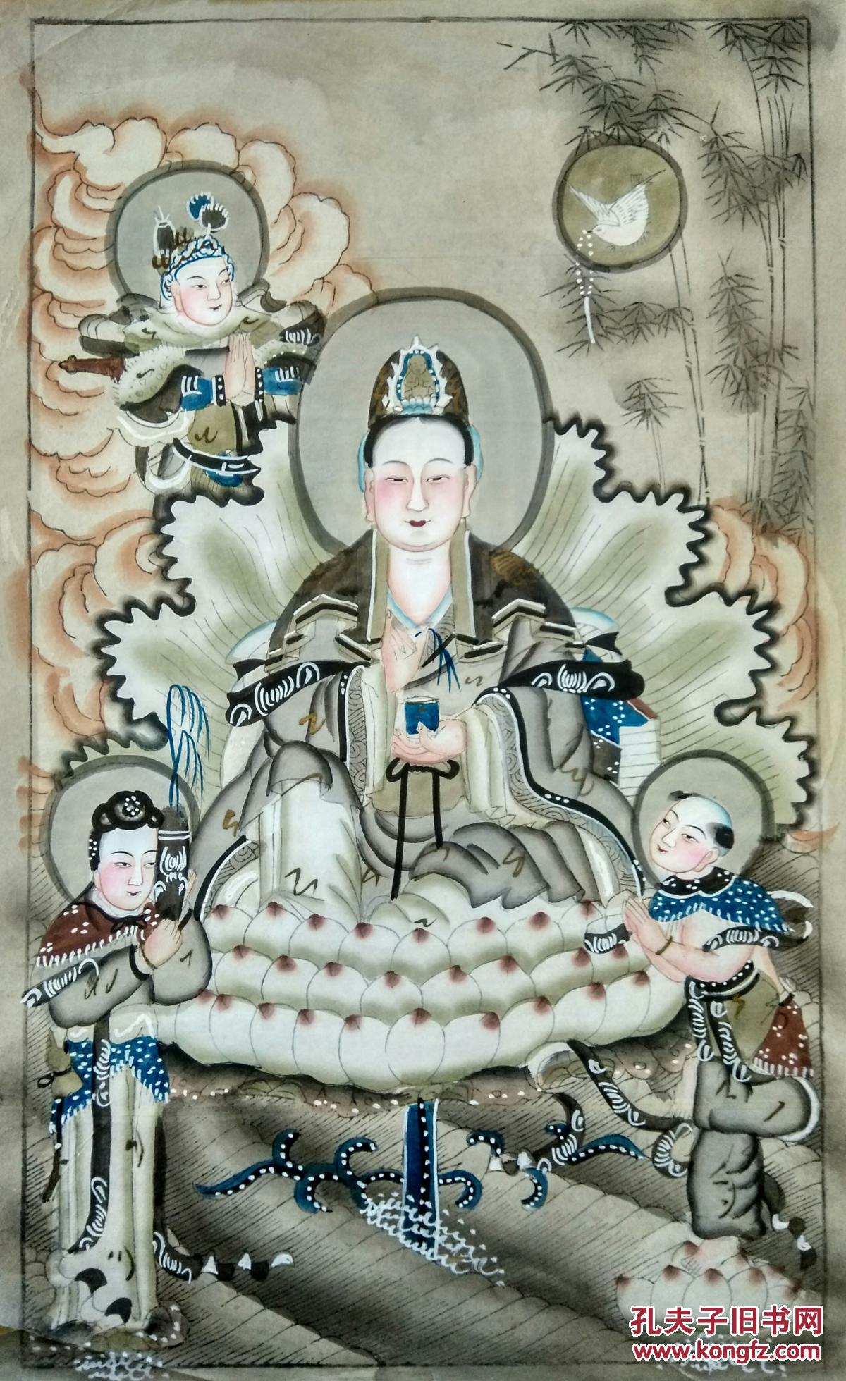 清末或民国时期杨柳青木版年画版画[繖蓝珍品]《观音图》---半印半画