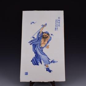 民国王步作青花引福归堂人物瓷板画
