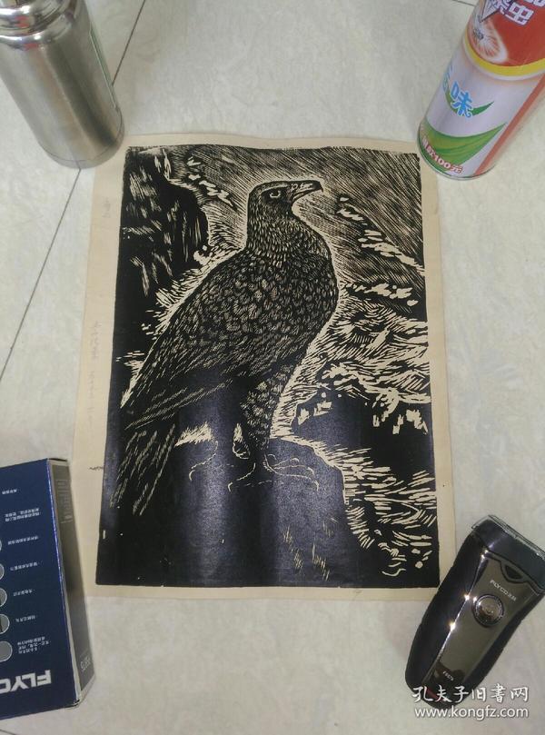 木刻版画,鹰.李德荣 作