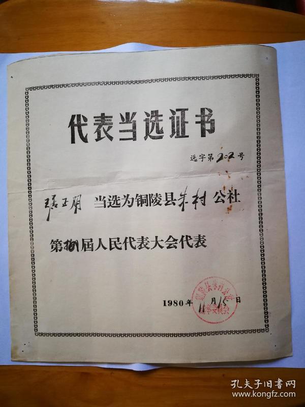 1980年铜陵县人大代表当选证书